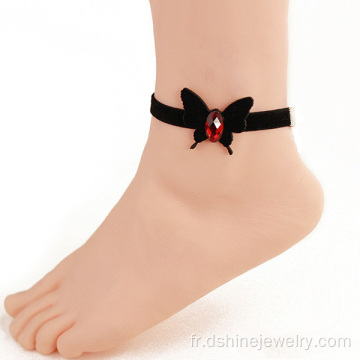 Velours noir jambe Bracelet bracelet de cheville en cuir papillon charme
